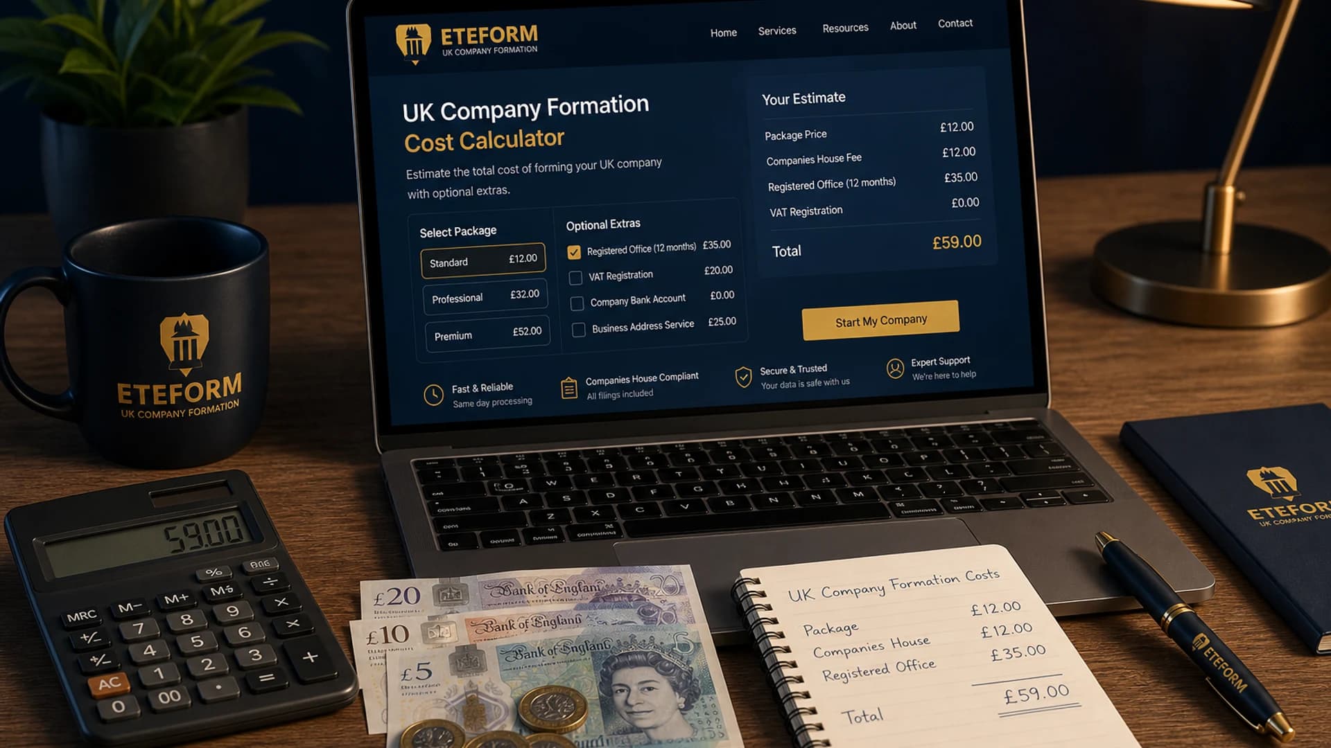 حاسبة تكلفة تأسيس UK Ltd على مكتب عمل يحمل هوية Eteform