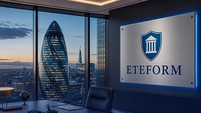 مكتب Eteform في لندن ليلاً — لافتة زرقاء بأفق المدينة
