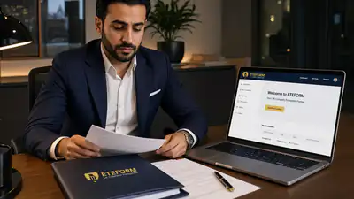 مؤسس عربي يراجع مستندات التأسيس مع مجلد وهوية Eteform